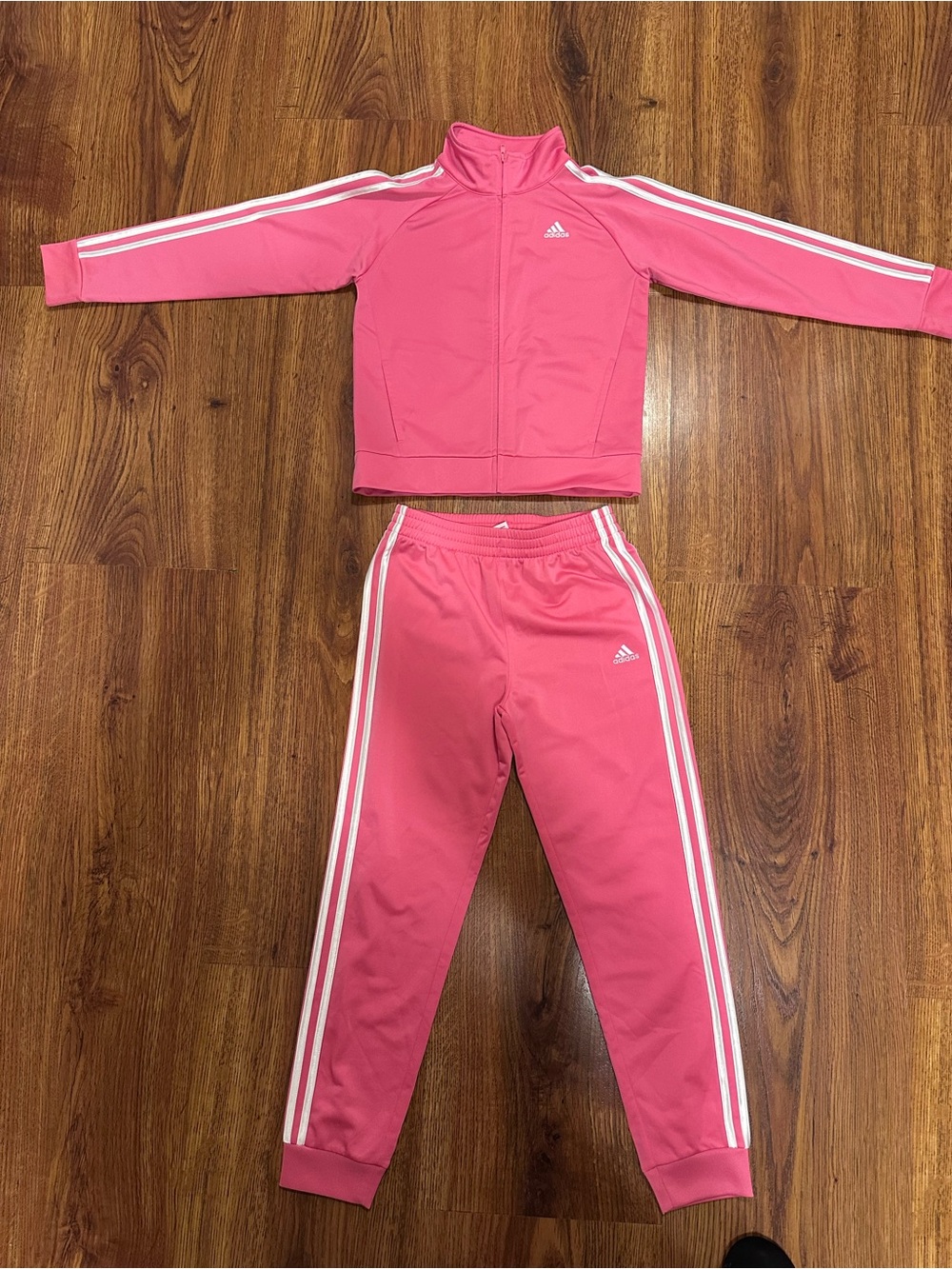 adidas Girls Pink Track Jacket & Joggers Set with White Stripes